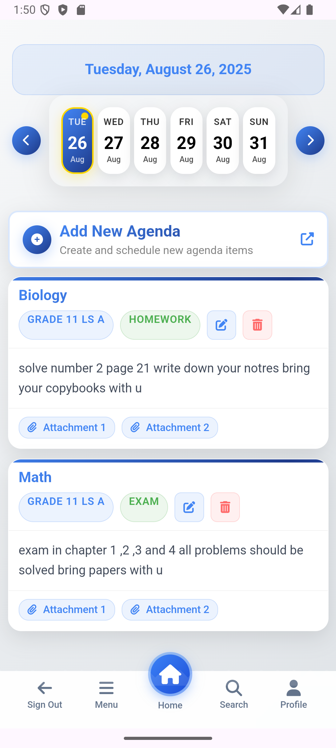 Agenda entries screen