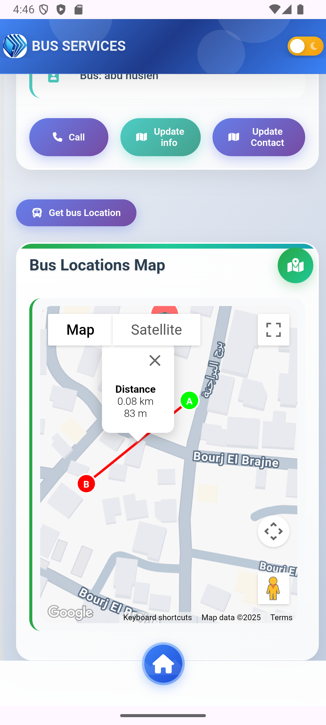 Bus tracking map screen
