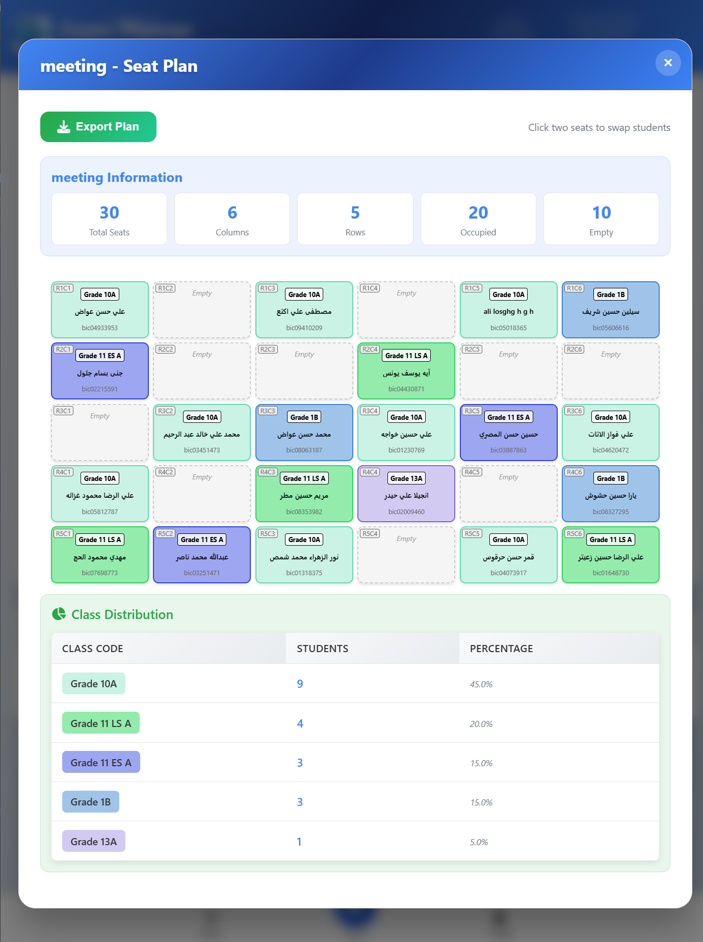 Exam planner seating chart